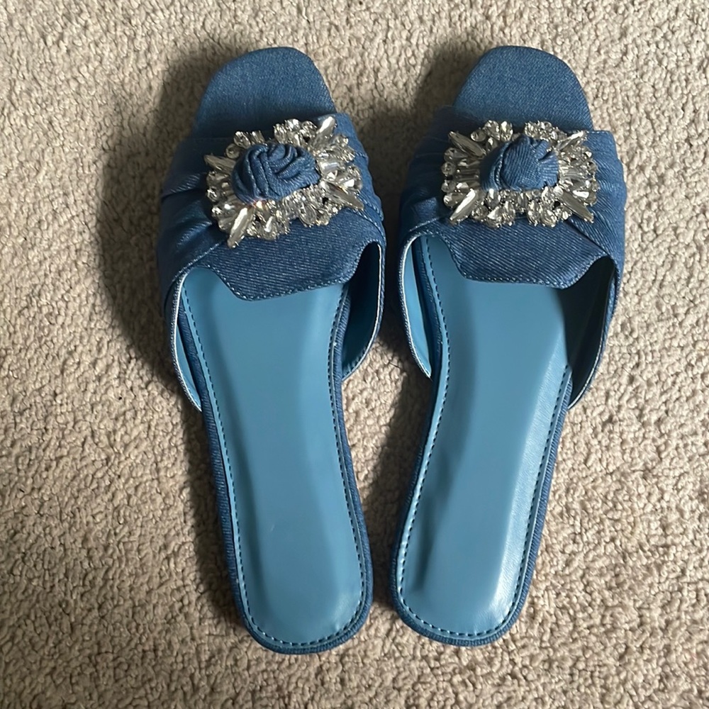 Rhinestone Denim Slide Sandals